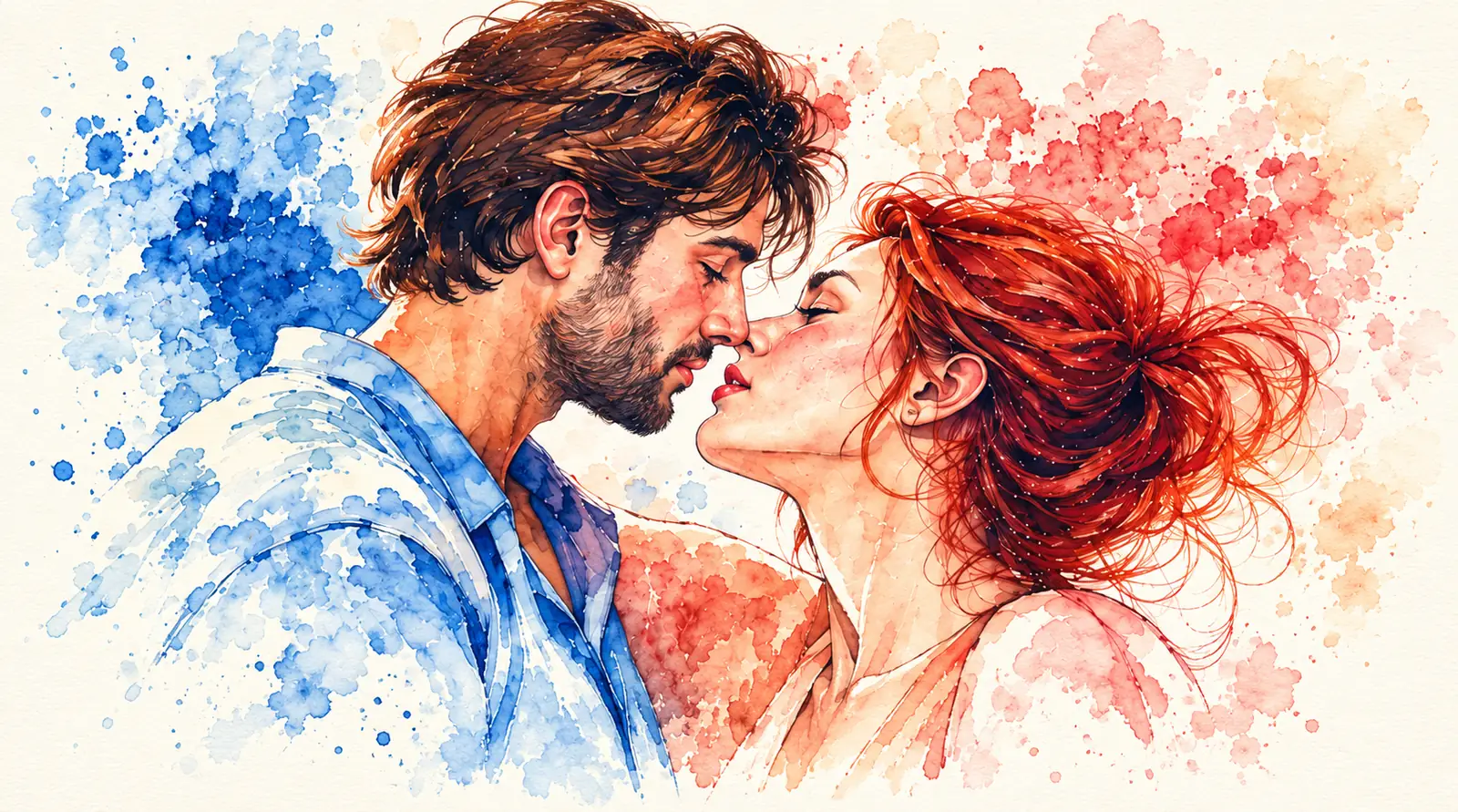 Deux adultes se rapprochent, dans une illustration à l’aquarelle.