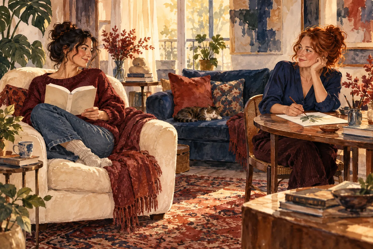 Deux femmes échangent un regard tout en lisant et en dessinant chacune de leur côté.