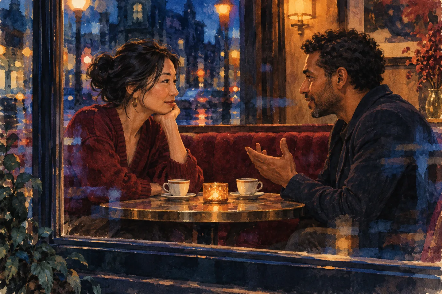 Deux adultes conversent face à face dans un café aux lumières chaudes.