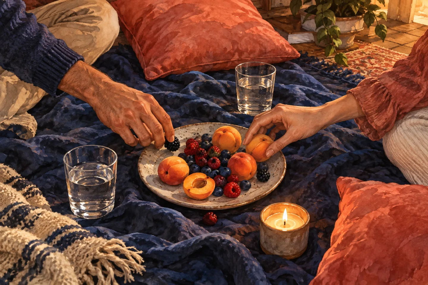 Deux mains partagent des fruits lors d’un pique-nique improvisé dans un salon.