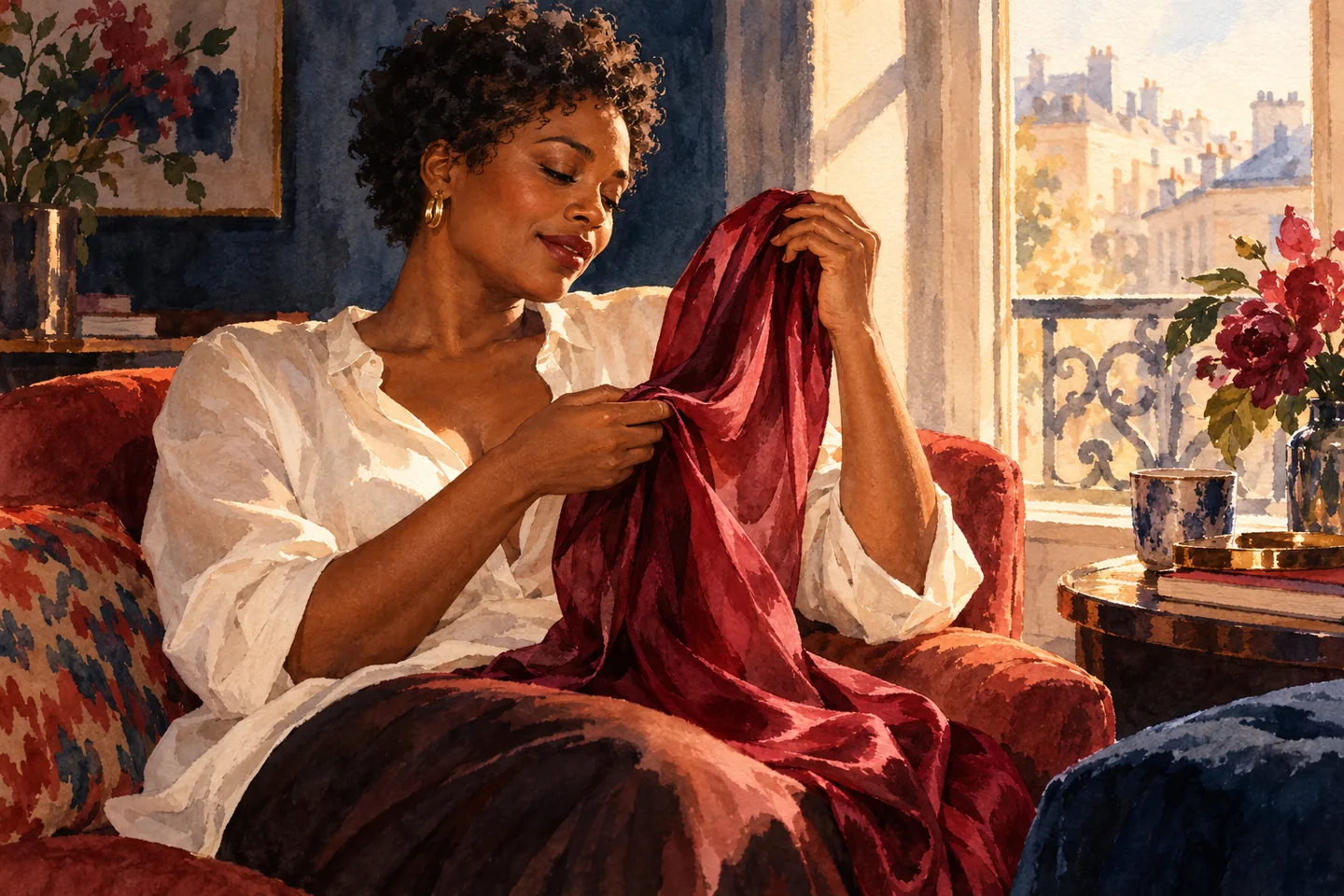 Une femme près d’une fenêtre découvre la texture d’une étoffe bordeaux.