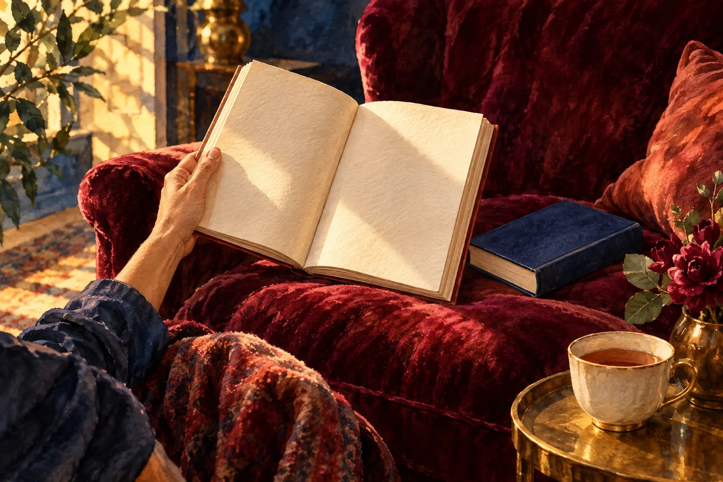 Une main tient un livre ouvert près d’un fauteuil bordeaux dans la lumière du soir.