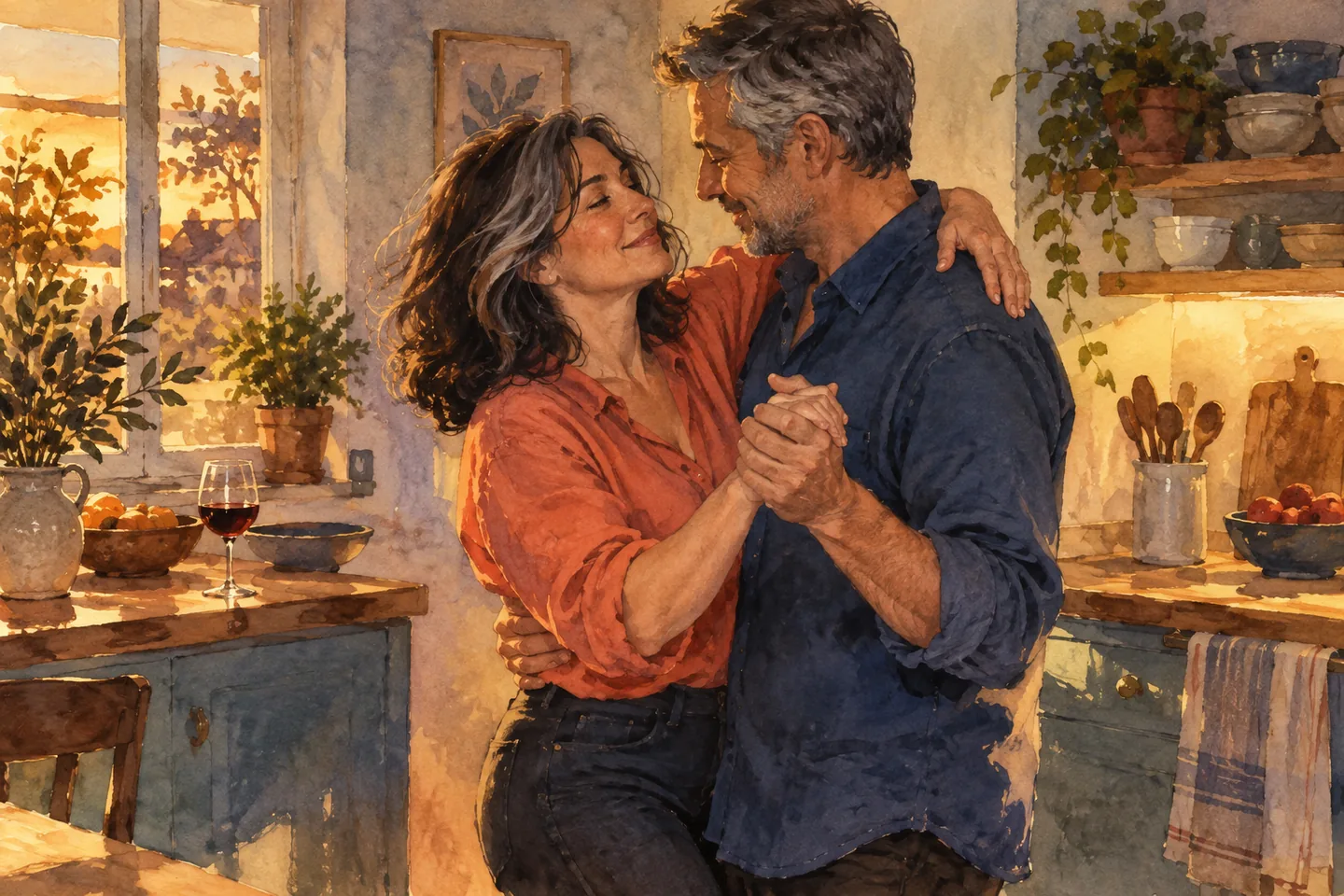 Un couple adulte danse dans une cuisine éclairée par le soleil du soir.